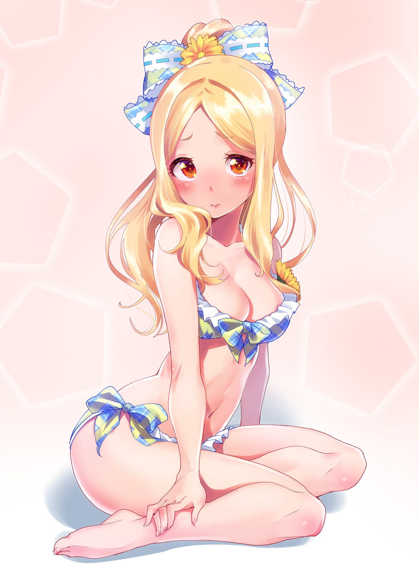 3: absurdres bangs bare_legs barefoot bikini blonde_hair blush bow bow_bikini breasts cleavage closed_mouth error flower frill_trim front-tie_bikini front-tie_top full_body hair_bow hair_flower hair_ornament hand_on_own_leg highres idolmaster idolmaster_cinderella_girls long_hair looking_at_viewer maru_(sara_duke) medium_breasts mochizuki_hijiri navel orange_eyes parted_bangs plaid plaid_bikini plaid_bow ponytail side-tie_bikini sidelocks sitting solo sunflower swimsuit wrong_feet yokozuwari