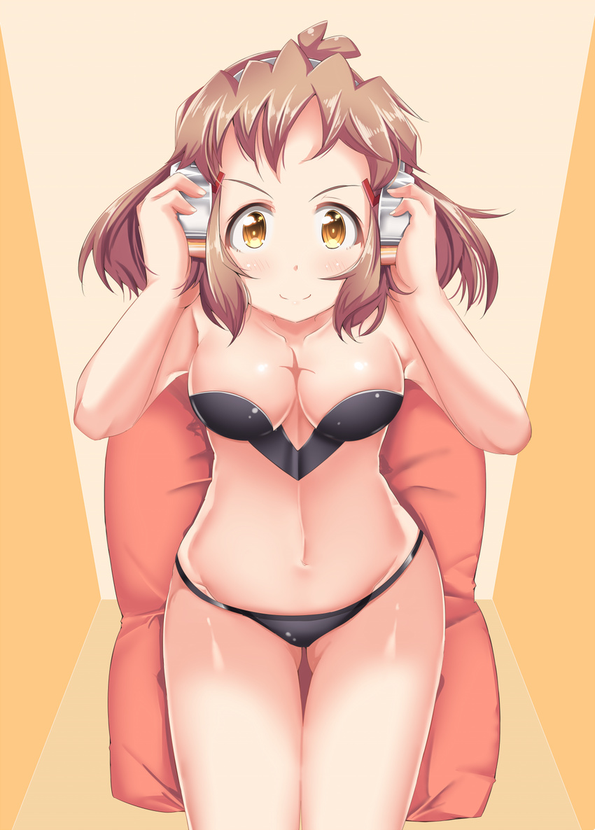 &gt;:) breasts brown_eyes brown_hair cleavage groin headphones highres mad_(hazukiken) medium_breasts navel scar senki_zesshou_symphogear smile solo tachibana_hibiki_(symphogear) thigh_gap thighs v-shaped_eyebrows