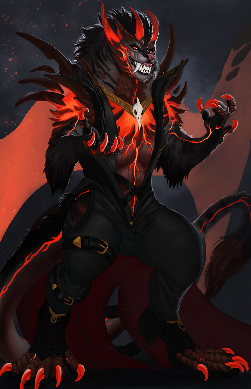 anthro bulge claws clothing conditional_dnp demon fangs feline horn hybrid inkydemon male mammal muscular smile solo spandex standing teeth tiger tight_clothing wings