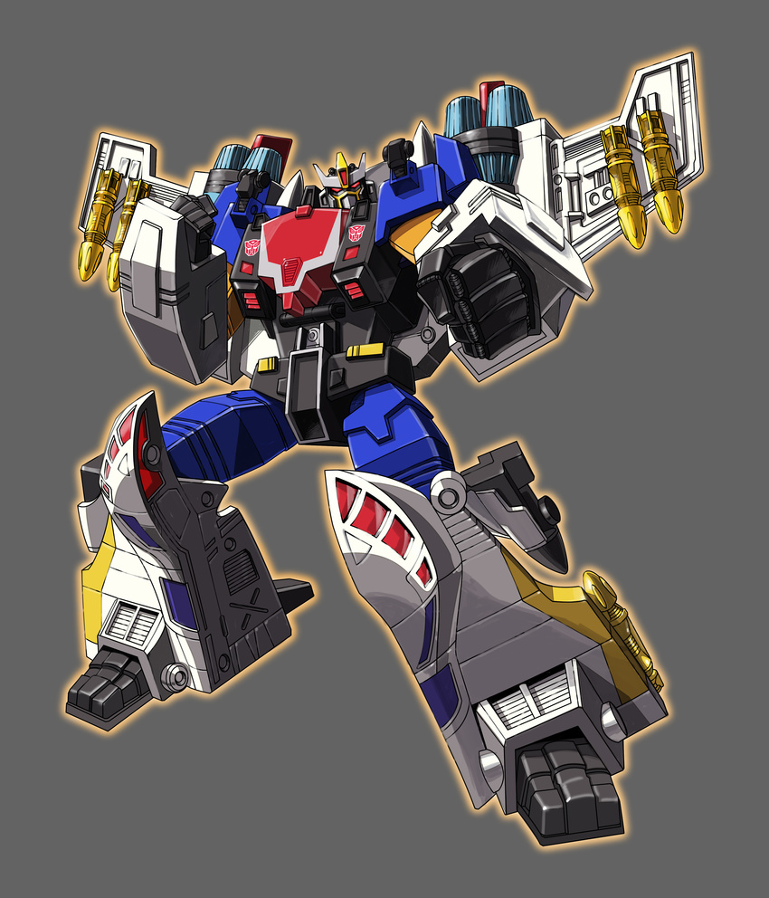 absurdres autobot clenched_hands full_body glowing grey_background highres insignia king_atlas looking_at_viewer machinery mecha mechanical_wings no_humans pose red_eyes robot solo standing transformers weapon wings zuma_(zuma_yskn)