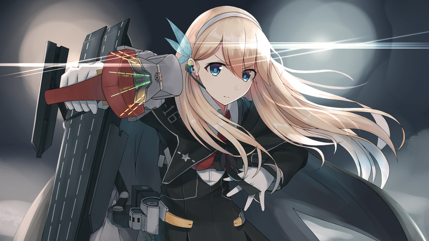 arm_up bangs black_coat blonde_hair blue_eyes capelet closed_mouth deck earpiece fighting_stance floating_hair gloves hair_between_eyes hair_ornament hairband highres holding holding_weapon lexington_(cv-16)_(zhan_jian_shao_nyu) light_rays long_hair looking_at_viewer machinery n2_(yf33) necktie open_hand red_neckwear shirt simple_background solo upper_body weapon white_gloves white_shirt zhan_jian_shao_nyu