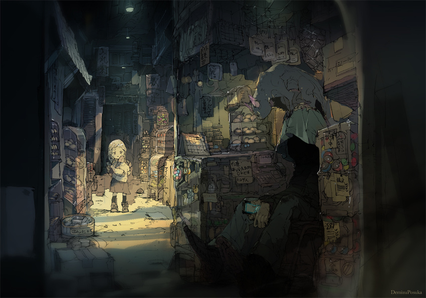 alley animal animal_on_head artist_name bag blonde_hair braid bread cellphone child commentary dark demizu_posuka dragon faceless food holding holding_bag hood light long_hair on_head original phone scenery single_braid sitting sketch smartphone