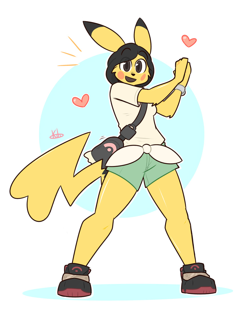 &lt;3 anthro bag black_eyes black_hair bracelet breasts cleft_tail clothed clothing cosplay eyebrows female footwear fur hair hi_res jewelry kilinah looking_at_viewer moon_(pok&eacute;mon) nintendo open_mouth pikachu pok&eacute;mon shirt shoes shorts smile solo standing video_games yellow_fur