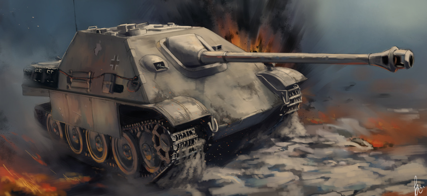 caterpillar_tracks explosion fire ground_vehicle jagdpanther military military_vehicle motor_vehicle no_humans original tank tank_destroyer world_war_ii