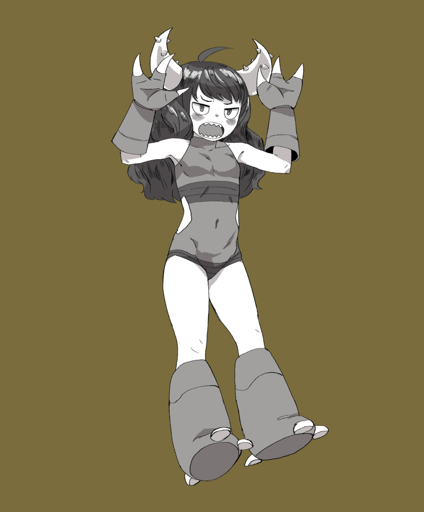 3_fingers ahoge alternate_species angry black_hair blush breasts claws clothed clothing female flat_chested footwear hair horn humanoid humanoidized leotard long_hair navel nintendo not_furry open_mouth pinsir pok&eacute;mon pok&eacute;mon_(species) sexybeam sharp_teeth solo teeth tight_clothing video_games