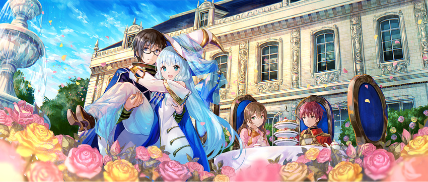 2girls :o allen_leonhard black_hair blue_eyes blue_hair blush brown_hair bud building cape carina_lim carrying chair chin_rest cloud cork_landsknecht couple cover cover_page cup day eyebrows_visible_through_hair flower food fountain fuji_choko full_body furou_shoujo_to_mahou_kyouju glasses green_eyes hair_between_eyes hand_on_own_chin hand_on_shoulder hat hetero high_heels highres holding_person long_hair long_sleeves looking_at_another looking_at_viewer multiple_boys multiple_girls novel_cover official_art open_mouth original outdoors petals pink_flower pink_rose princess_carry rachel_s._gieseking red_hair reflection rose short_hair sitting sky smile standing table upper_body very_long_hair white_hat window witch_hat yellow_eyes yellow_flower yellow_rose