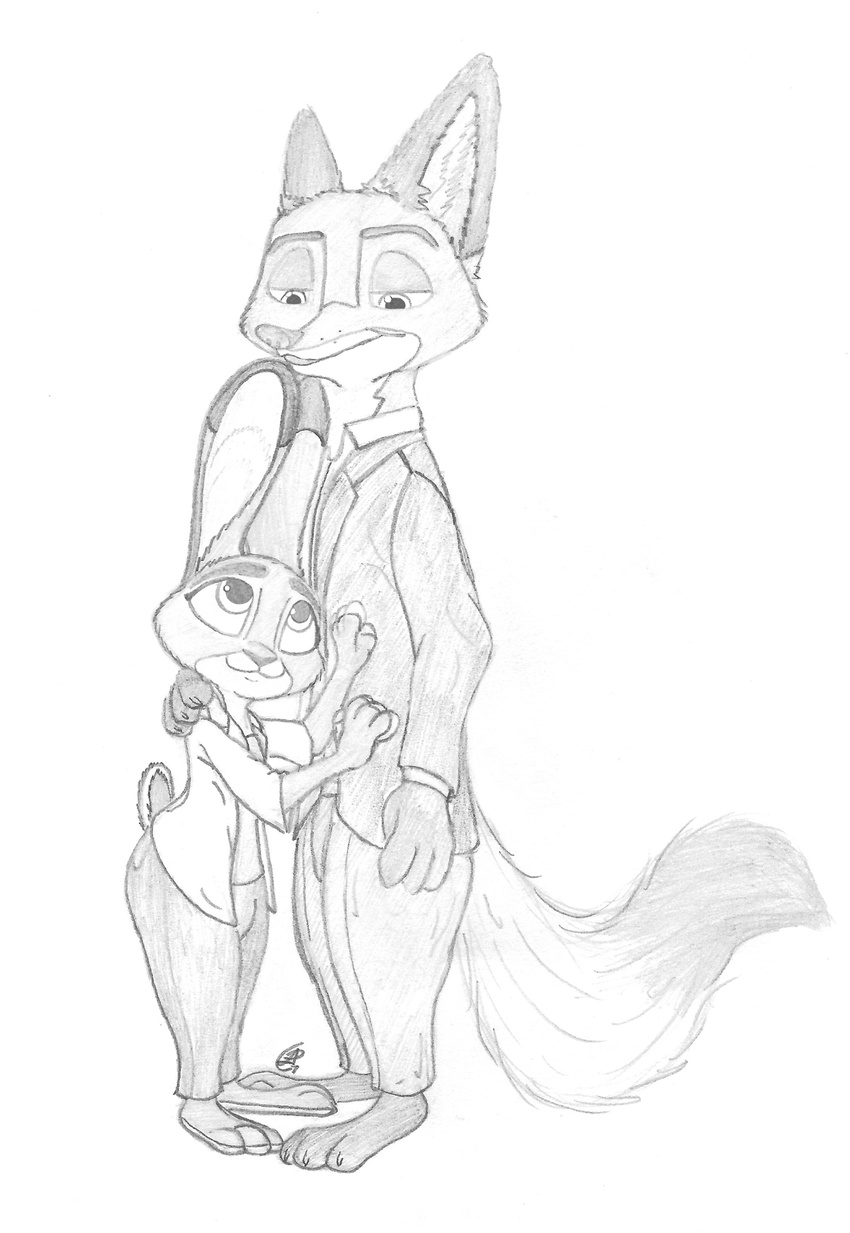 anthro canine casual_clothing clothed clothing disney female formal_clothing fox hi_res i_ship_it_real_hard judy_hopps lagomorph mammal nick_wilde pencil_(disambiguation) rabbit simple_background sketch smile standing zootopia