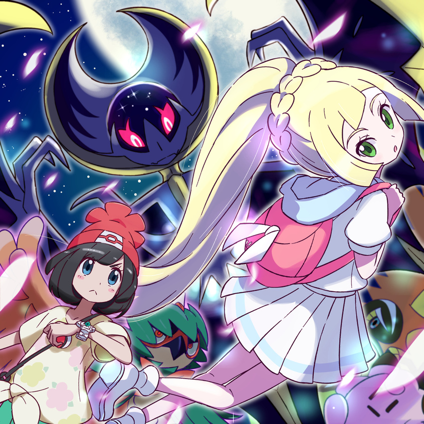 backpack bag beanie black_hair blonde_hair blue_eyes clefairy decidueye gen_1_pokemon gen_7_pokemon green_eyes hat holding holding_poke_ball kingin lillie_(pokemon) long_hair lunala mizuki_(pokemon) moon multiple_girls night night_sky poke_ball poke_ball_(generic) pokemon pokemon_(creature) pokemon_(game) pokemon_sm ponytail red_hat shirt short_hair short_sleeves skirt sky stuffed_animal stuffed_toy tapu_koko tied_shirt white_shirt white_skirt z-ring