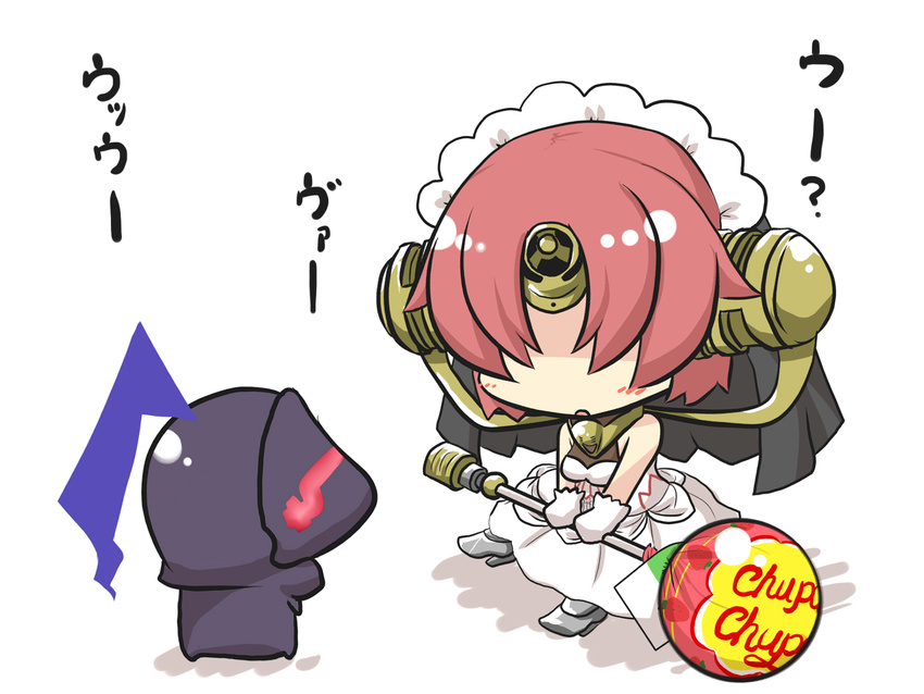 1girl armor armored_boots berserker_(fate/zero) boots breasts candy chibi chupa_chups comic commentary_request dress fate/apocrypha fate/zero fate_(series) feathers food frankenstein's_monster_(fate) full_armor gloves glowing glowing_eyes goma_(gomasamune) headgear helmet hidden_eyes highres holding holding_food holding_lollipop lollipop medium_breasts open_mouth oversized_object pink_hair shadow sleeveless sleeveless_dress translation_request white_background white_dress