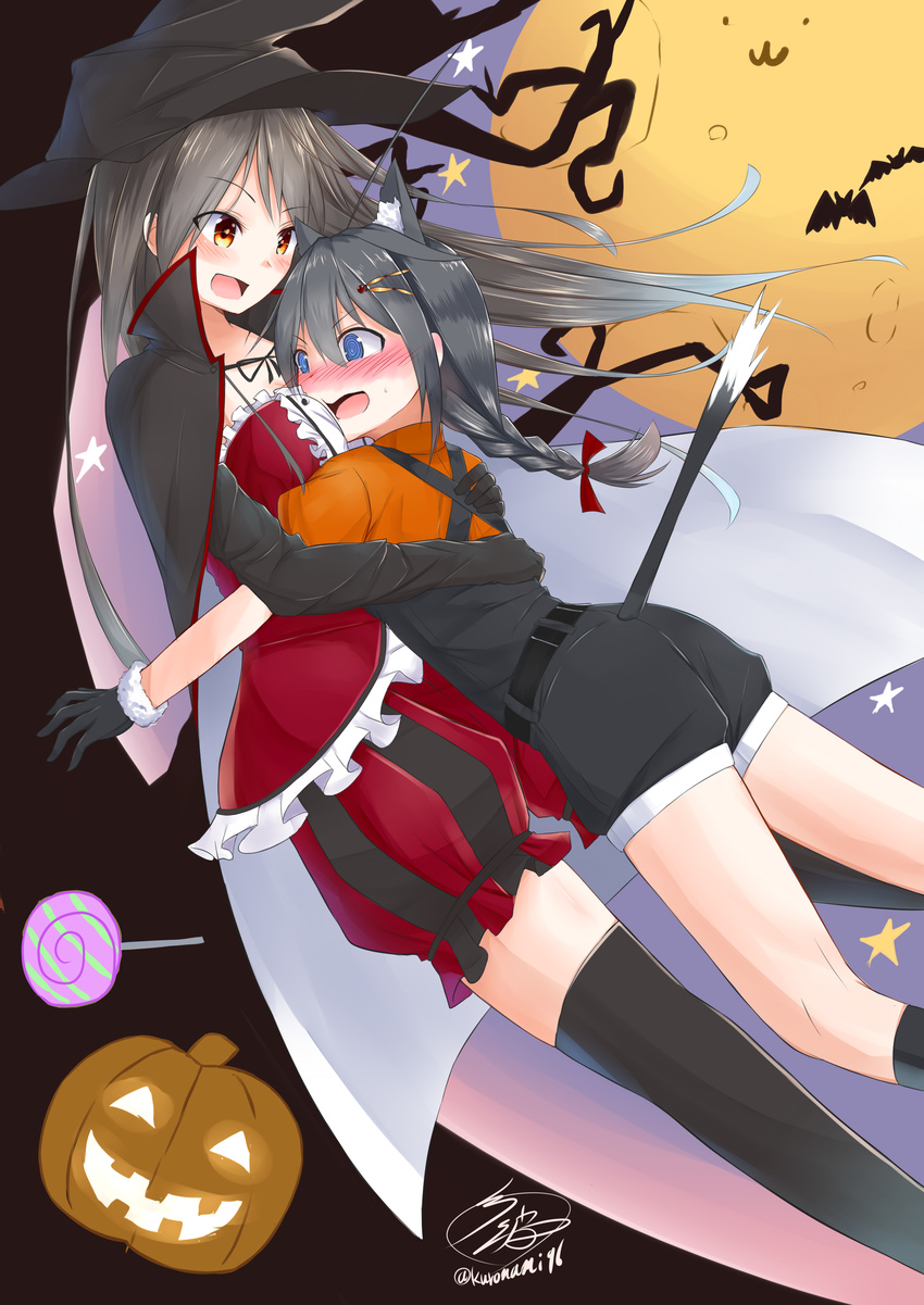 :d absurdres alternate_costume animal_costume animal_ears bat blue_eyes blush braid branch breasts brown_eyes candy cape cat_costume cat_ears cat_tail detached_sleeves food gloves hair_ornament halloween_costume haruna_(kantai_collection) hat head_on_chest highres jack-o'-lantern kantai_collection long_hair medium_breasts moon multiple_girls namikawa_kuroha open_mouth remodel_(kantai_collection) shigure_(kantai_collection) signature single_braid smile star tail thighhighs twitter_username very_long_hair witch witch_hat