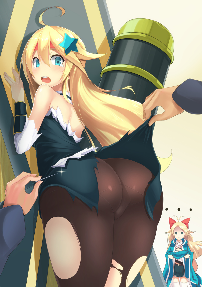 2girls absurdres ahoge antenna_hair ass back bare_shoulders blonde_hair blue_eyes commentary crossed_arms goryoukaku_(oshiro_project) hair_ornament hair_ribbon highres holding_clothes holding_needle jacket long_hair looking_at_viewer looking_back lord_(oshiro_project) multiple_girls needle oshiro_project oshiro_project_re pantyhose ribbon shiryoukaku_(oshiro_project) star star_hair_ornament supuraito tears torn_clothes torn_legwear very_long_hair