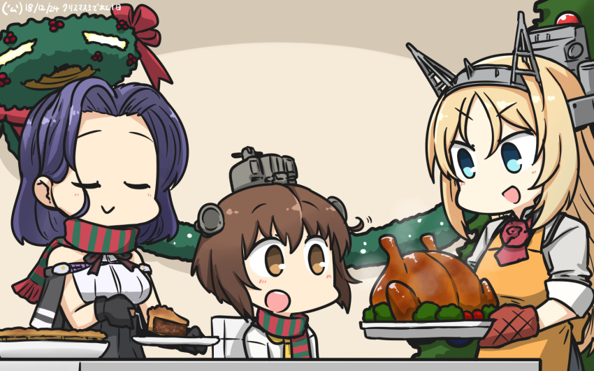 3girls apron bare_shoulders black_gloves blonde_hair blue_eyes brown_eyes brown_hair capelet christmas_wreath commentary_request dated dress eyes_closed flower food gloves hamu_koutarou headgear highres kantai_collection long_hair long_sleeves mechanical_halo military military_uniform multiple_girls neckerchief nelson_(kantai_collection) open_mouth oven_mitts pie purple_hair red_flower red_rose remodel_(kantai_collection) rose sailor_dress scarf short_hair sleeveless striped striped_scarf tatsuta_(kantai_collection) turkey_(food) uniform upper_teeth yellow_apron yellow_neckwear yukikaze_(kantai_collection)
