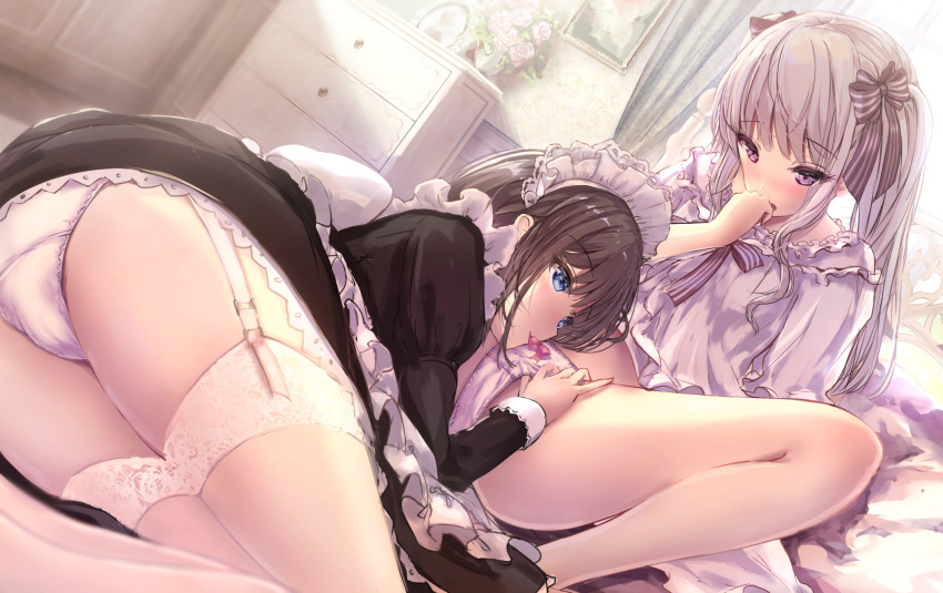 2girls ass bangs black_dress blue_eyes blush bow bow_panties brown_hair chest_of_drawers closed_mouth commentary_request dress dutch_angle eyebrows_visible_through_hair flower garter_straps groin hair_between_eyes hair_bow highres indoors juliet_sleeves light_brown_hair long_hair long_sleeves maid_headdress missile228 multiple_girls original painting_(object) panties parted_lips picture_frame pink_flower pink_rose puffy_sleeves purple_eyes rose smile spread_legs striped striped_bow thighhighs two_side_up underwear very_long_hair white_dress white_legwear white_panties yuri