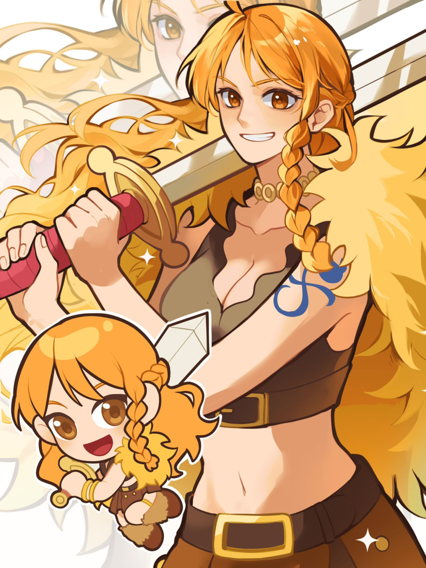 1girl alynomali braid braided_sidelock breasts brown_eyes brown_shirt brown_skirt cape chibi chibi_inset cleavage collarbone crop_top english_commentary fur_cape gold_choker grin highres holding holding_sword holding_weapon large_breasts leg_warmers long_hair midriff multiple_views nami_(one_piece) navel official_alternate_costume official_alternate_hairstyle one_piece open_mouth orange_eyes orange_hair over_shoulder parted_lips shirt shoulder_tattoo side_braid single_sidelock skirt smile sparkle sword sword_over_shoulder tattoo upper_body weapon weapon_over_shoulder