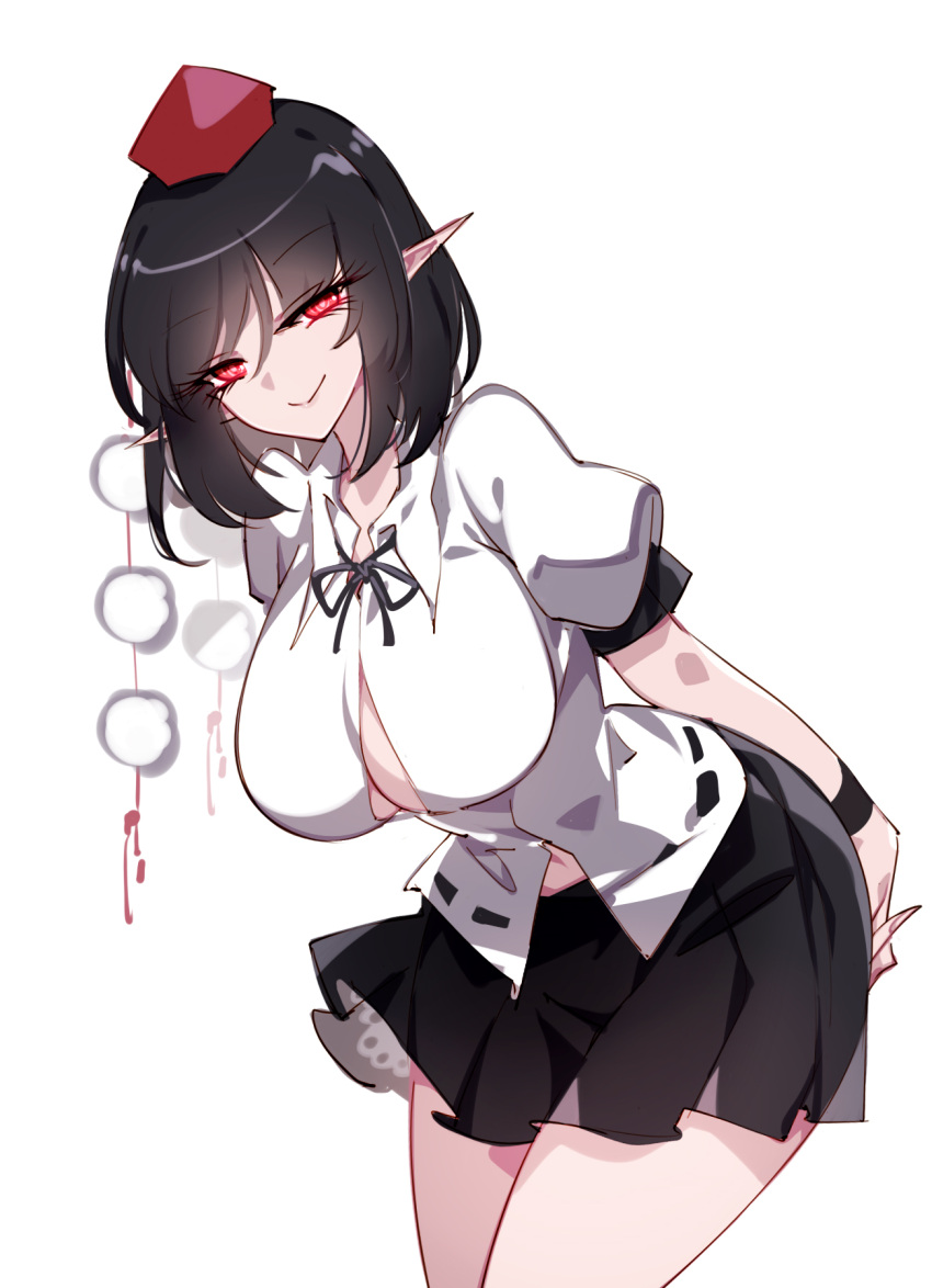 1girl arms_behind_back black_hair black_skirt breasts cleavage_cutout closed_mouth clothing_cutout collared_shirt commentary hair_between_eyes hat highres large_breasts leaning_forward looking_at_viewer medium_hair pointy_ears pom_pom_(clothes) raptor7 red_eyes shameimaru_aya shirt short_sleeves skirt smile solo thighs tokin_hat touhou untranslatable_commentary white_background white_shirt