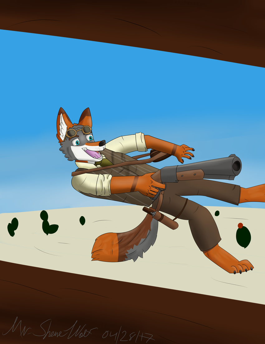 blue_eyes cactus canine desert digital_media_(artwork) eyewear fur gun handgun happy jumping mammal orange_fur pistol ranged_weapon red_wolf satchel shanewolf shotgun smile sunglasses weapon wild_west wolf