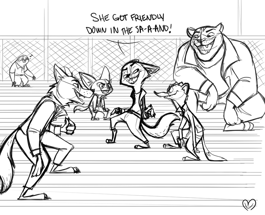 2016 anthro black_and_white canine clothed clothing dialogue disney duke_weaselton electoons english_text feline finnick flash_slothmore fox grease_(movie) group male mammal monochrome mustelid nick_wilde open_mouth parody sketch sloth text tiger tongue weasel wolf zootopia