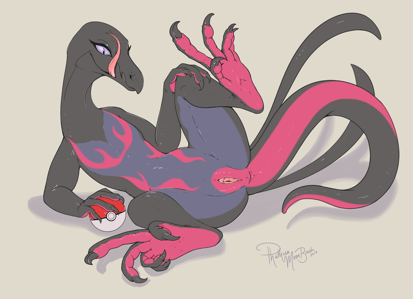 2017 5_toes anthro claws feet female feral forked_tongue holding_object holding_pok&eacute;ball lizard long_tongue nintendo phathusa pok&eacute;ball pok&eacute;mon presenting presenting_pussy purple_sclera pussy reptile salazzle scalie simple_background slit_pupils soles solo spread_legs spreading toe_claws toes tongue tongue_out video_games