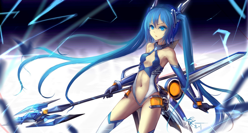 :/ armpits bangs bare_shoulders blue_eyes blue_hair blurry breasts center_opening character_name cowboy_shot depth_of_field elbow_gloves from_side frown gloves groin halterneck highres leotard long_hair navel ore_twintail_ni_narimasu polearm revealing_clothes revision shadow small_breasts solo standing tailblue thighhighs twintails very_long_hair wangchuan_de_quanyan weapon white_legwear