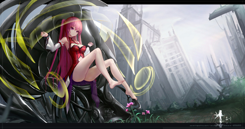 bare_shoulders barefoot cleavage_cutout detached_sleeves flower highres long_hair original pink_eyes pink_hair restrained ruins solo stationary_restraints twintails wangchuan_de_quanyan