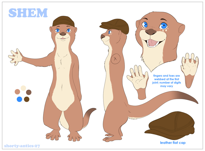 anthro blue_eyes brown_nose facial_markings hat headwear looking_at_viewer male mammal markings model_sheet multiple_images mustelid otter paws shem shorty-antics-27 webbed_feet webbed_hands