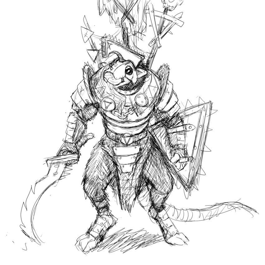 2018 anthro black_and_white clothed clothing dialogue hi_res hladilnik looking_at_viewer male mammal melee_weapon monochrome muscular muscular_male rodent shield simple_background skaven solo standing sword teeth warhammer_fantasy weapon white_background