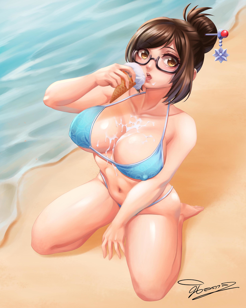 absurdres bangs bare_arms bare_legs bare_shoulders barefoot beach beads between_legs bikini black-framed_eyewear blue_bikini breasts brown_eyes brown_hair collarbone day eyelashes food food_on_body food_on_face glasses hair_bun hair_ornament hair_stick hand_between_legs highres ice_cream ice_cream_cone ice_cream_on_face large_breasts looking_at_viewer mei_(overwatch) midriff navel nillpas_ongumpai nose open_mouth outdoors overwatch pink_lips sand short_hair sidelocks signature sitting snowflake_hair_ornament soft_serve solo stomach strap_gap string_bikini swept_bangs swimsuit teeth tongue tongue_out upper_teeth wariza water