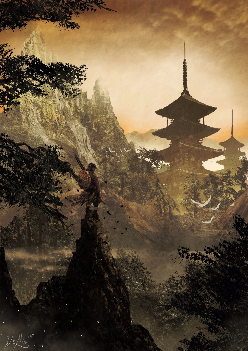 bird black_hair brown facing_away highres kagikura looking_away mountain original pagoda scenery sepia short_hair signature tree