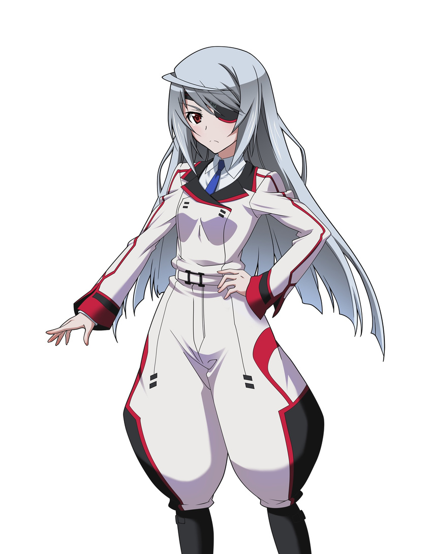 blue_neckwear eyepatch hand_on_hip highres infinite_stratos laura_bodewig long_hair looking_at_viewer military military_uniform necktie pants red_eyes silver_hair simple_background solo standing uniform very_long_hair white_background