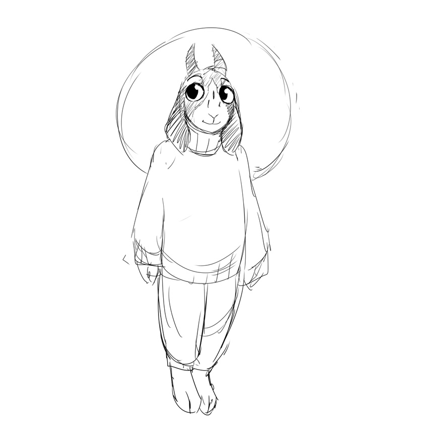 anthro black_and_white caprine child clothing goat halo hladilnik horn long_ears male mammal monochrome smile solo sweater tommy_(hladilnik) young