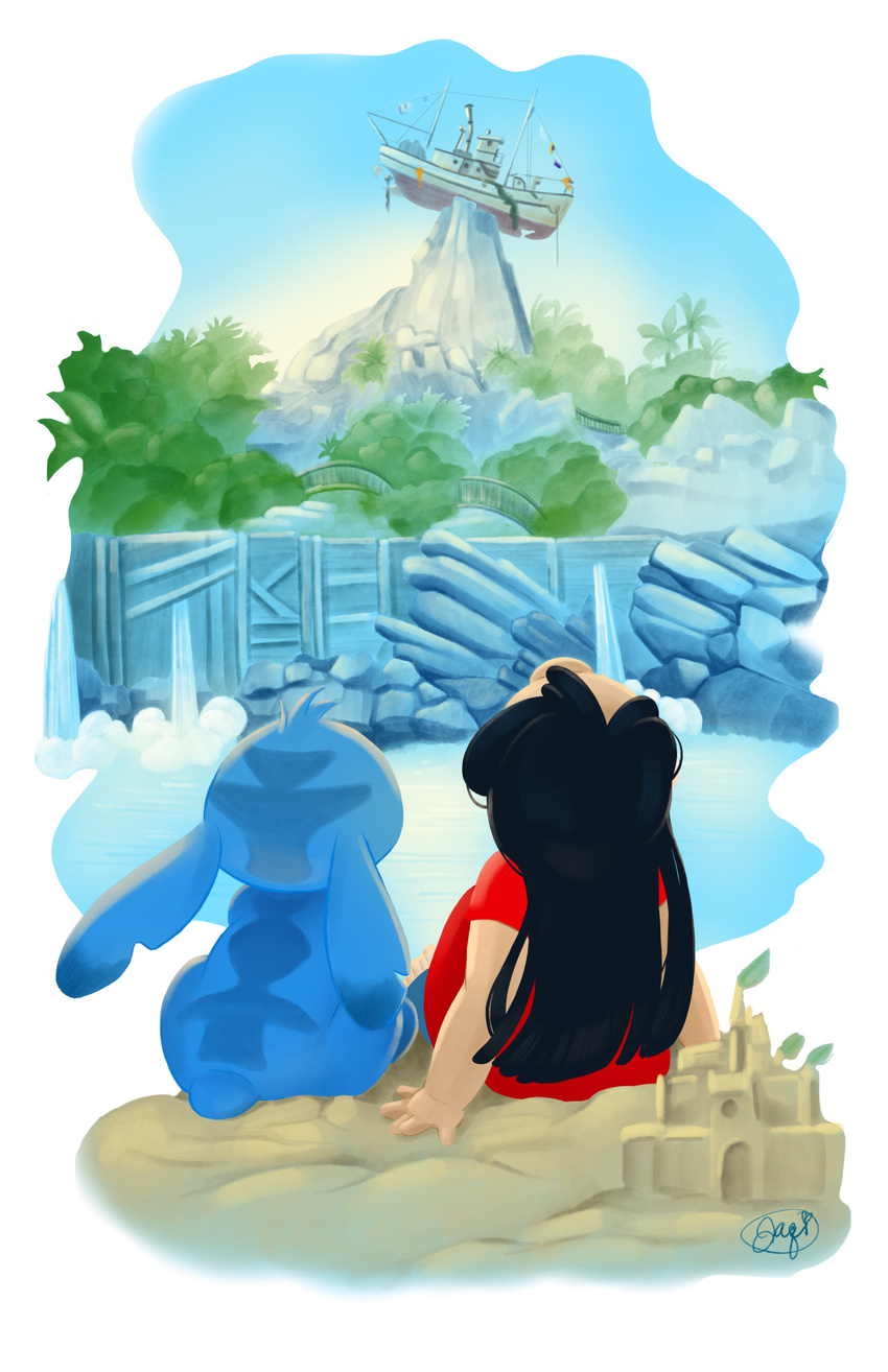 2016 5_fingers 5_toes alien back_markings black_hair blue_fur clothed clothing digital_media_(artwork) digital_painting_(artwork) disney disney's_typhoon_lagoon duo experiment_(species) footwear fur hair head_tuft hi_res human jaqi_harris lilo_and_stitch lilo_pelekai long_hair looking_up mammal markings mountain muumuu notched_ear rear_view red_dress sand sand_castle sandals sculpture shipwreck signature simple_background small_tail stitch swimming_pool toes tuft walt_disney_world water_park waterfall white_background