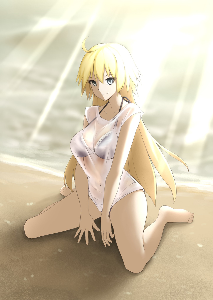 ahoge alternate_hairstyle bikini blonde_hair breasts cleavage fate_(series) highres jeanne_d'arc_(fate) jeanne_d'arc_(fate)_(all) jilu kneeling lace lace-trimmed_bikini long_hair medium_breasts navel sand shore solo swimsuit swimsuit_under_clothes