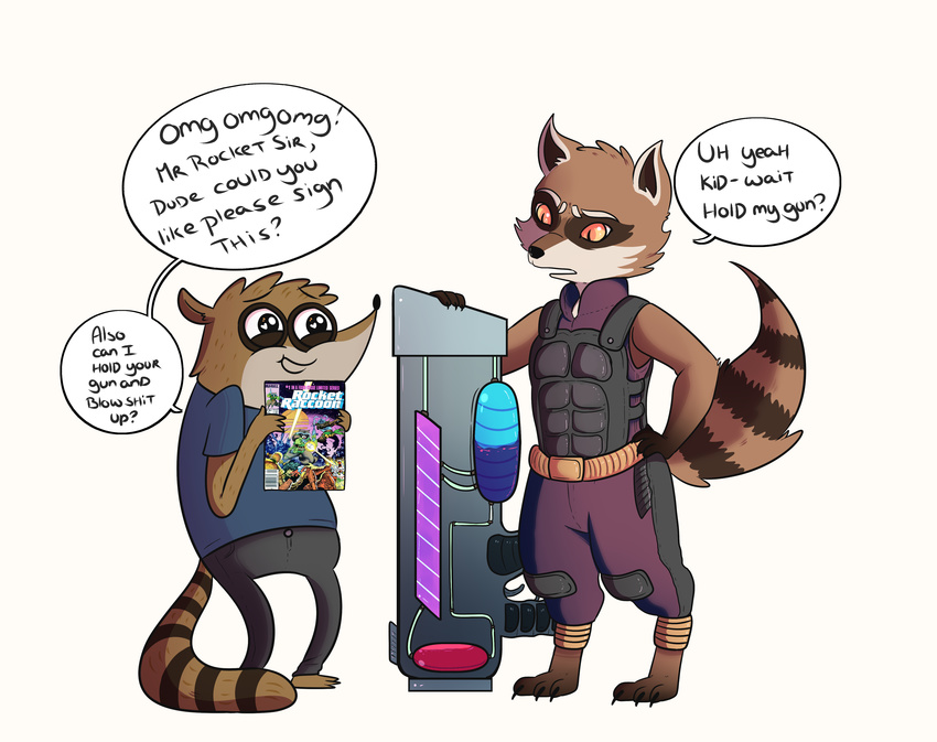 armor babynarwhal cartoon_network comic_book duo guardians_of_the_galaxy knee_pads mammal marvel raccoon regular_show rigby_(regular_show) rocket_raccoon text weapon