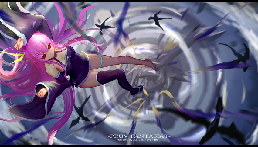 breasts cleavage copyright_name detached_sleeves highres long_hair medium_breasts pink_hair pixiv_fantasia pixiv_fantasia_t red_eyes revision single_thighhigh solo thigh_strap thighhighs typo wangchuan_de_quanyan