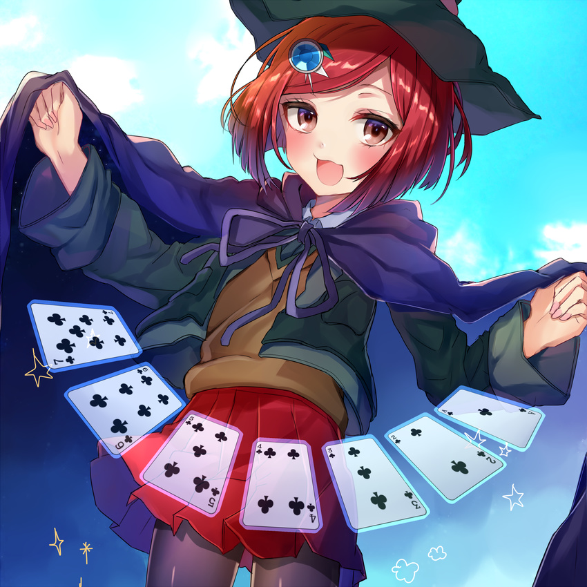 :3 black_cape black_hat black_legwear blush brown_eyes cape card danganronpa hair_ornament hat highres looking_at_viewer new_danganronpa_v3 pantyhose playing_card red_hair red_skirt satoimo_chika short_hair skirt smile solo sweater_vest witch_hat yumeno_himiko