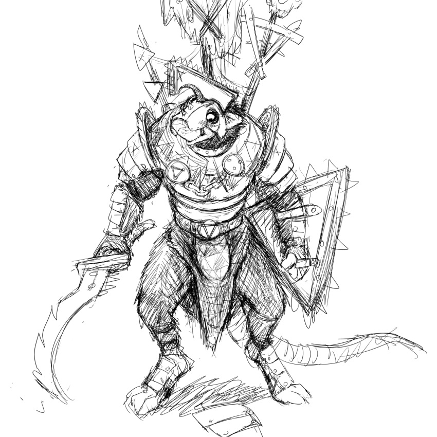 2018 anthro black_and_white bulge clothed clothing dialogue hi_res hladilnik looking_at_viewer male mammal melee_weapon monochrome muscular muscular_male rodent shield simple_background skaven solo standing sword teeth warhammer_fantasy weapon white_background