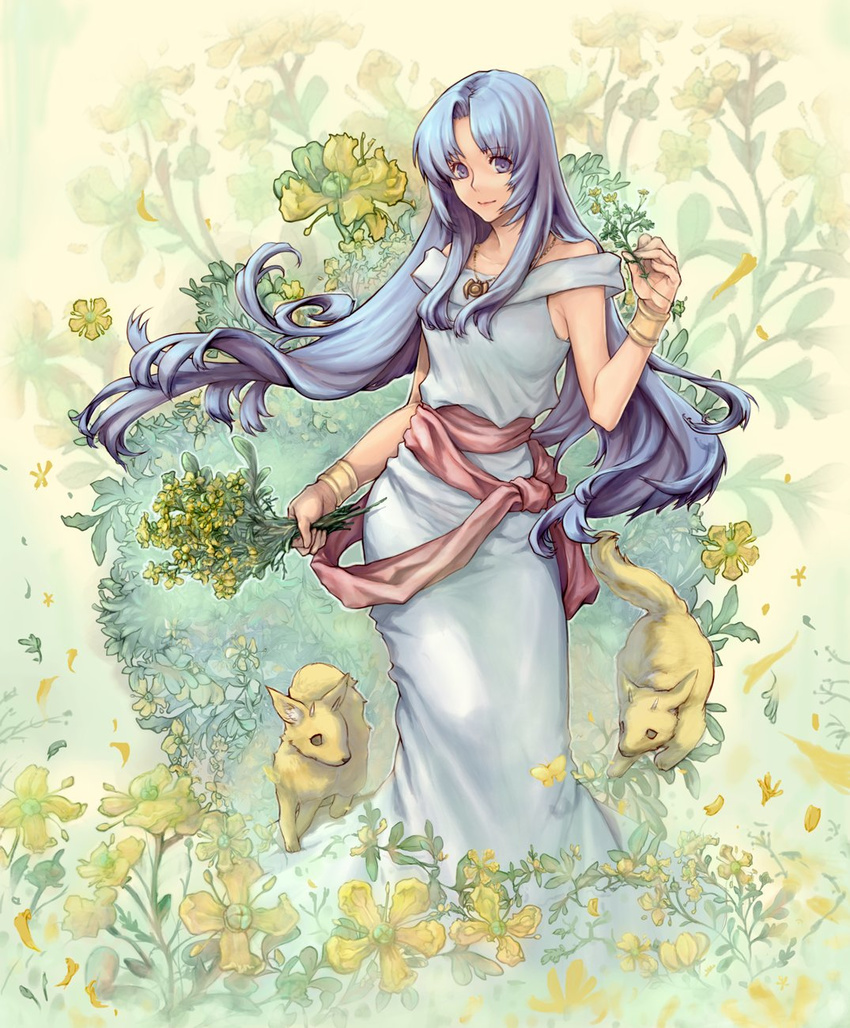 bare_shoulders bettara_duke blue_eyes blue_hair bracelet breasts dress feena_(ys) flower highres jewelry long_hair looking_at_viewer medium_breasts necklace roo_(ys) sash sidelocks smile ys