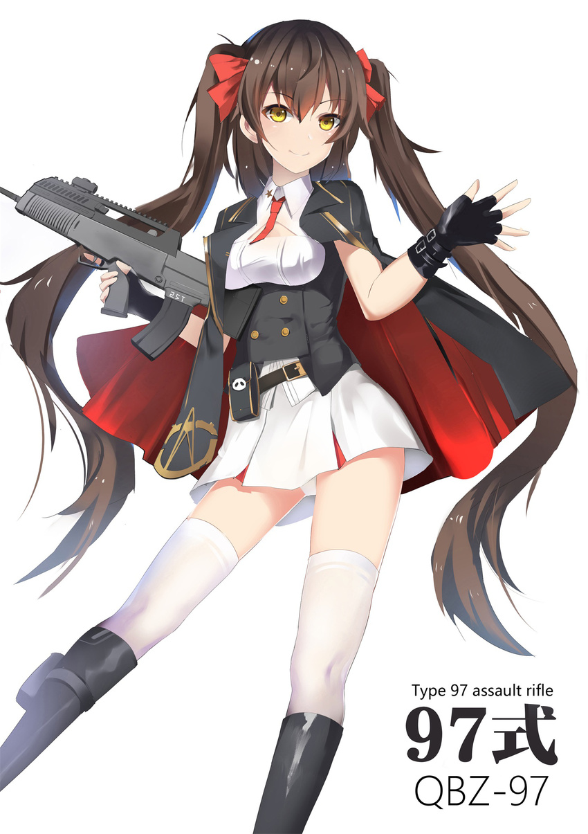 assault_rifle bangs black_footwear black_gloves boots breasts brown_hair character_name closed_mouth commentary_request corset eyebrows_visible_through_hair fingerless_gloves freedom_up girls_frontline gloves gun hair_between_eyes highres holding holding_gun holding_weapon jacket_on_shoulders knee_boots long_hair looking_at_viewer medium_breasts panties pantyshot pantyshot_(standing) qbz-97 qbz-97_(girls_frontline) rifle simple_background smile solo standing thighhighs thighs trigger_discipline twintails underwear weapon white_background white_legwear white_panties yellow_eyes