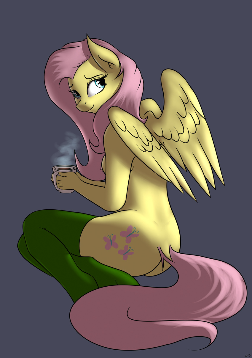 2014 anthro anthrofied blue_eyes breasts butt clothing cup cutie_mark equine feathered_wings feathers female fluttershy_(mlp) friendship_is_magic fur grey_background hair hi_res holding_cup legwear looking_at_viewer mammal my_little_pony nipples nude patch_(artist) pegasus pink_hair simple_background solo stockings wings yellow_feathers yellow_fur