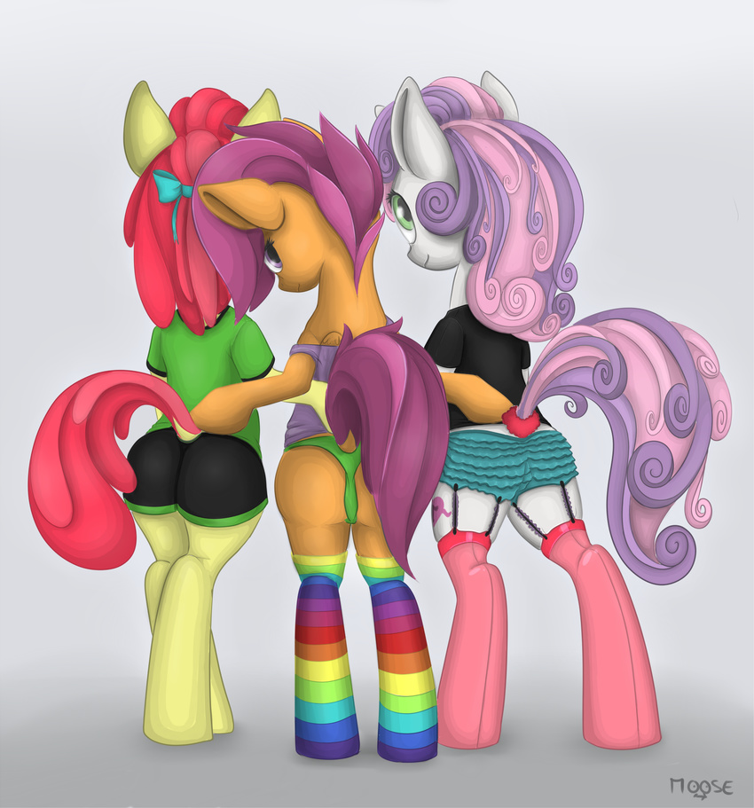 2013 anthro anthrofied apple_bloom_(mlp) butt clothing cutie_mark cutie_mark_crusaders_(mlp) cynicalmoose earth_pony equine feathered_wings feathers female friendship_is_magic green_eyes group hair horn horse legwear looking_at_viewer looking_back mammal multicolored_hair my_little_pony orange_feathers pegasus pony purple_eyes purple_hair red_hair scootaloo_(mlp) simple_background socks sweetie_belle_(mlp) two_tone_hair unicorn wings