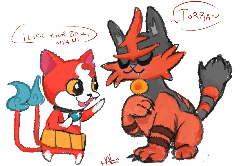 2016 2_tails bell black_fur cat crossover cute dialogue duo english_text eyes_closed fangs feline feral fur jibanyan lavendire male mammal multi_tail nintendo open_mouth pok&eacute;mon red_fur simple_background spirit text torracat video_games white_background yo-kai_watch youkai