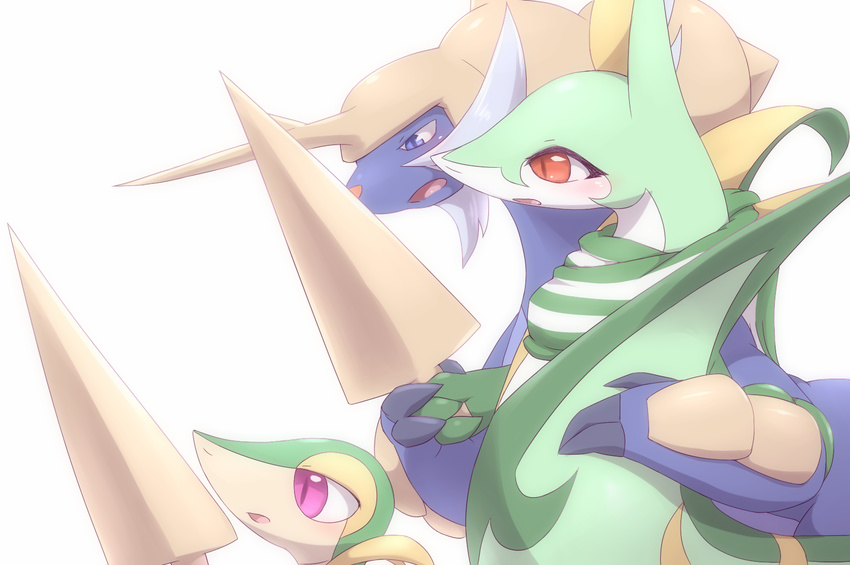 ambiguous_gender blue_eyes blush claws female feral group kajinchu male melee_weapon nintendo open_mouth pok&eacute;mon purple_eyes red_eyes reptile samurott scalie scarf serperior simple_background size_difference slit_pupils snivy sword video_games weapon white_background