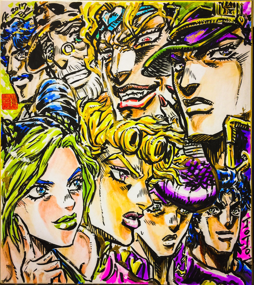 ashiya_kouhei beard blonde_hair blue_eyes blue_hair braid diamond_wa_kudakenai dio_brando double_bun evil_grin evil_smile facial_hair fingernails gakuran george_joestar giorno_giovanna glasses green_hair green_lipstick grin hat headband heart higashikata_jousuke highres jojo_no_kimyou_na_bouken jonathan_joestar joseph_joestar kuujou_jolyne kuujou_joutarou lipstick makeup multicolored_hair mustache nail_polish phantom_blood pink_hair pink_lips pompadour purple_eyes purple_hair red_lipstick red_nails school_uniform sharp_fingernails signature smile stardust_crusaders stone_ocean two-tone_hair vento_aureo