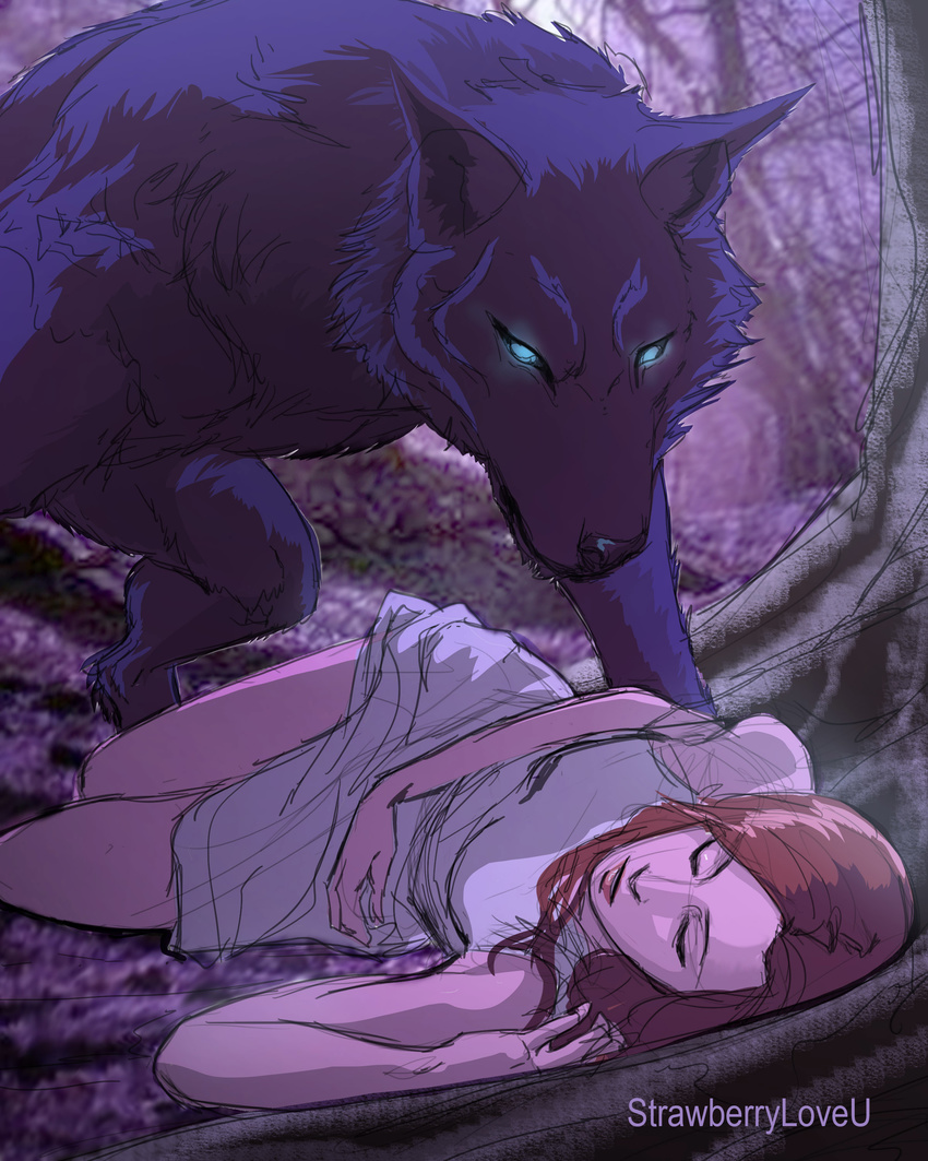 2015 absurd_res anthro blue_eyes brown_hair canine clothed clothing detailed_background digital_media_(artwork) digitigrade duo eyes_closed female forest fur glowing glowing_eyes hair hi_res human interspecies long_hair lying male male/female mammal nature nude outside purple_fur strawberryloveu tree were werewolf wolf