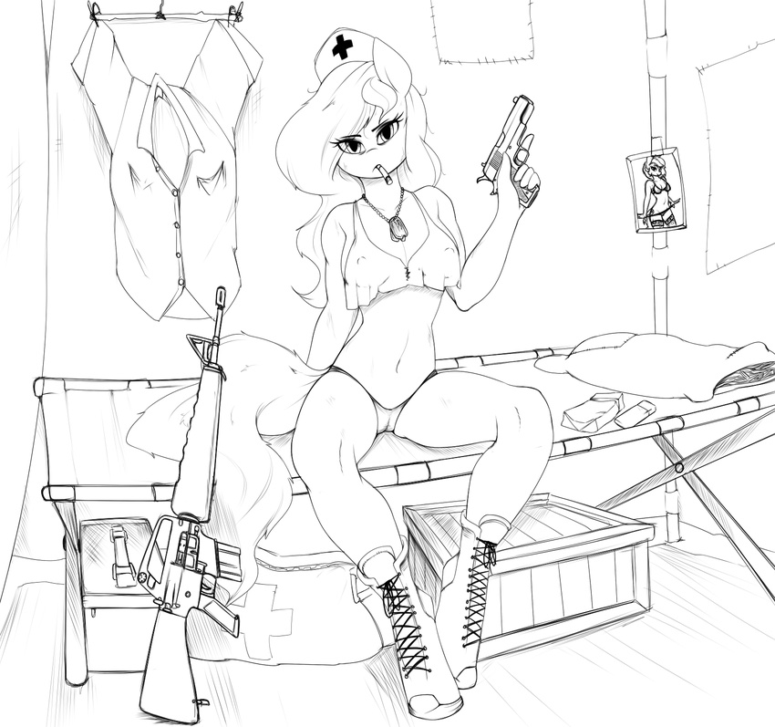 1911 2017 anthro assault_rifle boots box bunk camel_toe cigarette clothing crate dog_tags fan_character female footwear gun handgun m16 monochrome my_little_pony nurse panties ranged_weapon replica_(artist) rifle sitting soldier solo underwear weapon