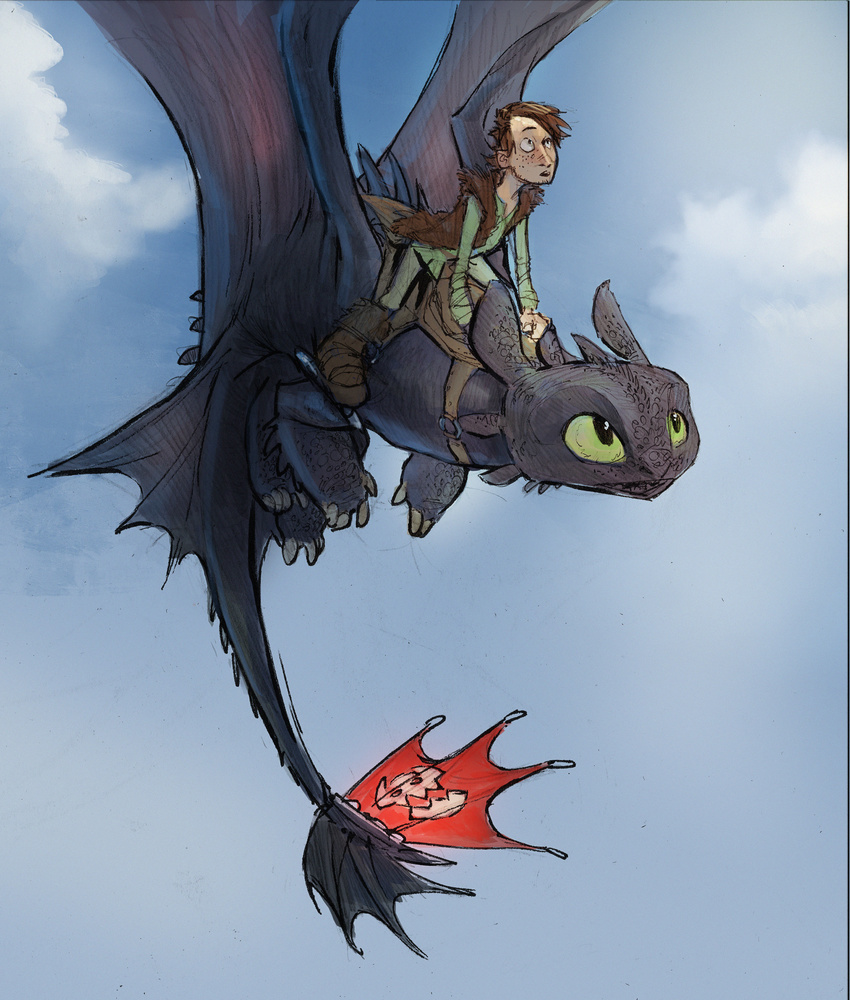 2017 clothed clothing cloud dragon duo feral flying freckles hiccup_(httyd) how_to_train_your_dragon human male mammal monoflax night_fury outside riding saddle sky toothless