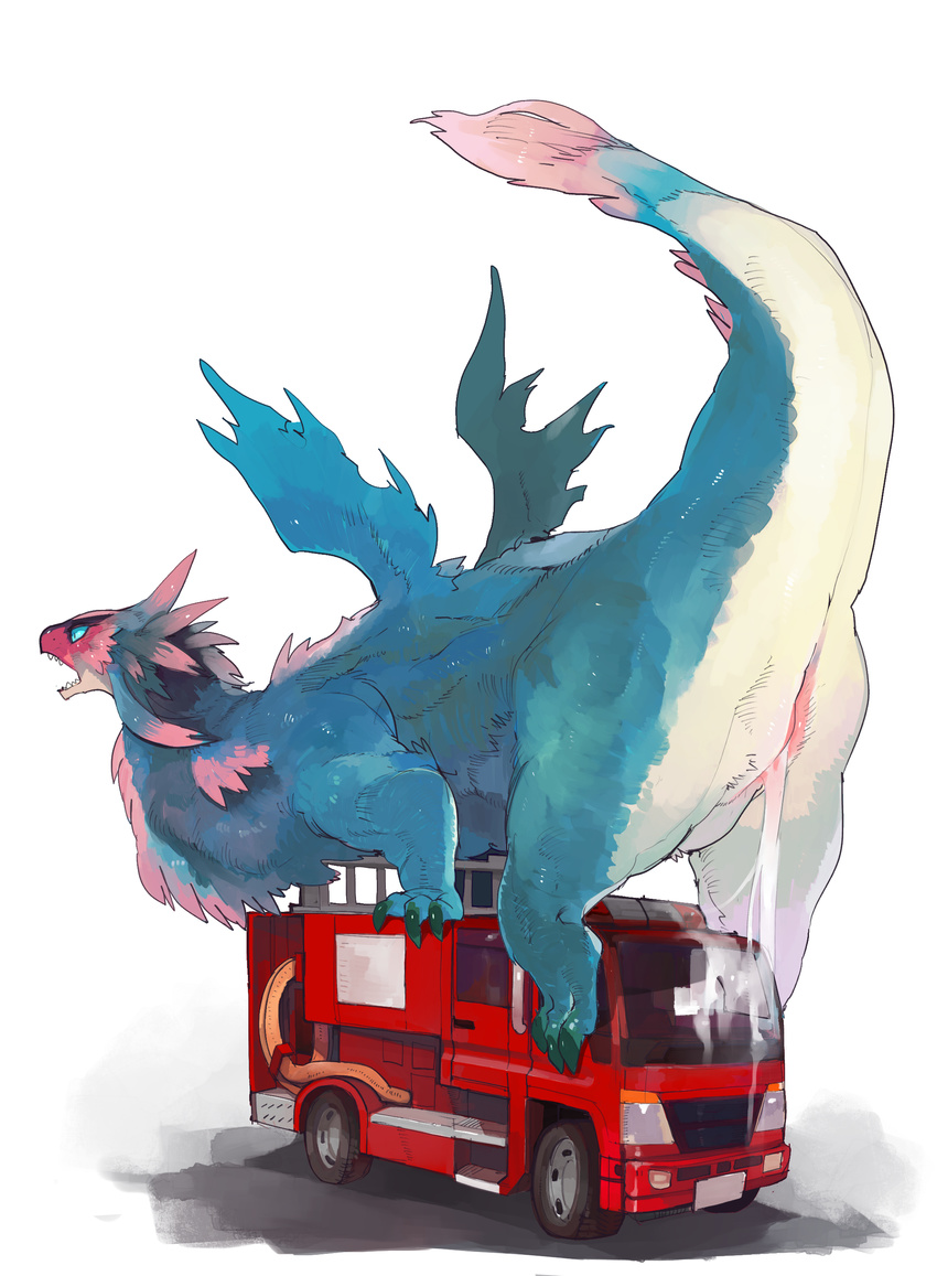 after_masturbation animal_genitalia cloaca dragon dragons_having_sex_with_cars feathered_dragon feathered_wings feathers female fire_truck liteu pussy_juice raised_tail simple_background small_wings solo white_background wings