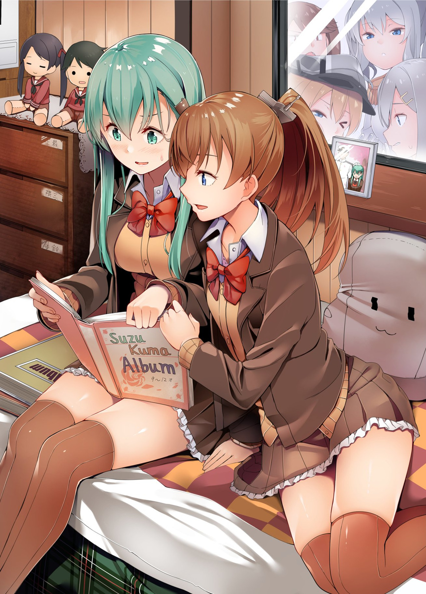 admiral_(kantai_collection) aqua_eyes aqua_hair blazer blonde_hair blue_eyes bow bowtie breasts brown_hair brown_jacket brown_legwear brown_shorts brown_skirt byte_(allbyte) character_doll chest_of_drawers commentary_request epaulettes frilled_skirt frills hair_ornament hairclip hamakaze_(kantai_collection) hat highres indoors jacket kantai_collection kashima_(kantai_collection) kumano_(kantai_collection) long_hair long_sleeves looking_inside mattress medium_breasts mikuma_(kantai_collection) mogami_(kantai_collection) multiple_girls on_bed one_eye_closed peaked_cap photo_(object) pillow pleated_skirt ponytail prinz_eugen_(kantai_collection) reading red_bow red_neckwear red_shirt remodel_(kantai_collection) rensouhou-chan ryuujou_(kantai_collection) school_uniform serafuku shirt short_hair shorts silver_hair sitting sitting_on_bed skirt suzuya_(kantai_collection) thighhighs twintails white_shirt window