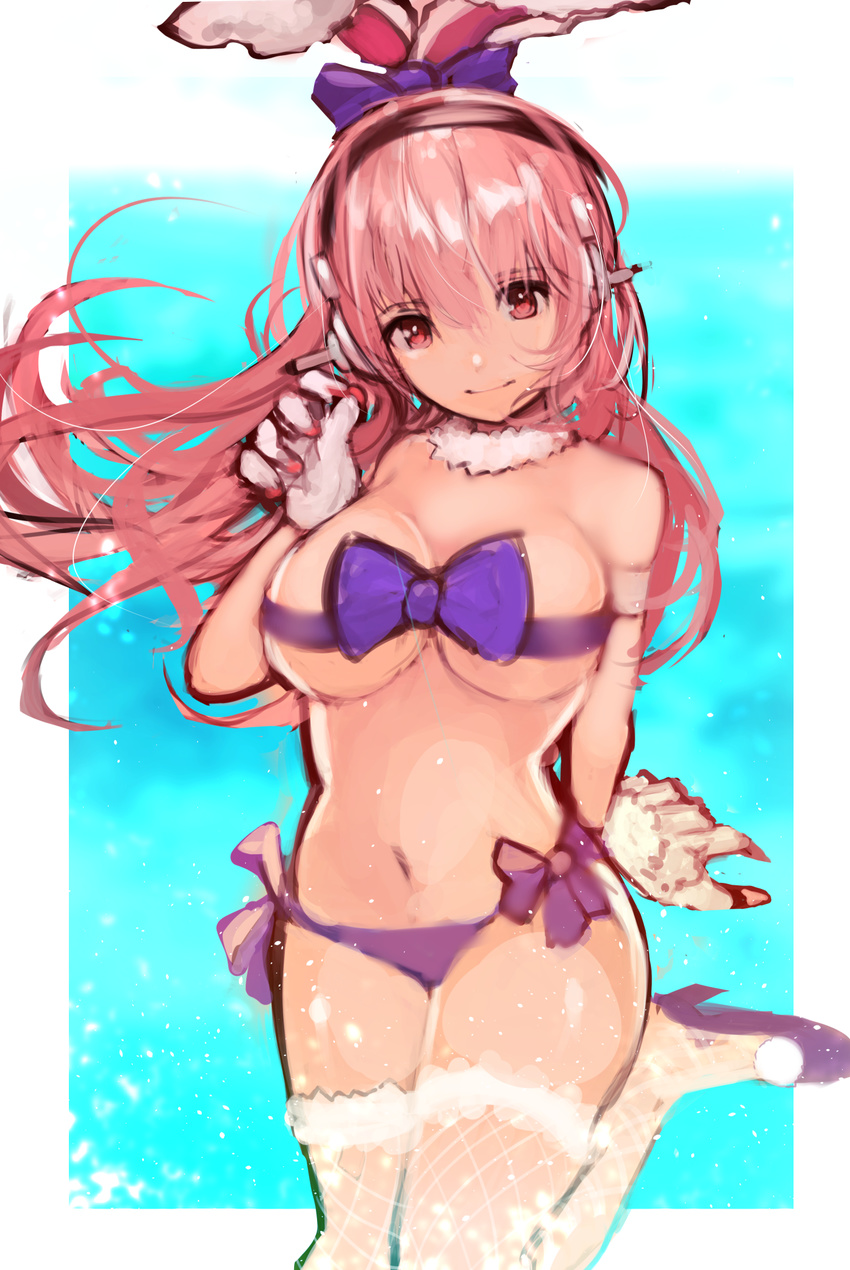 animal_ears blush breasts bunny_ears bunny_girl cleavage commentary_request fake_animal_ears headphones highres large_breasts long_hair looking_at_viewer navel nitroplus pink_eyes pink_hair ribbon smile solo super_sonico swimsuit tarbo_(exxxpiation)