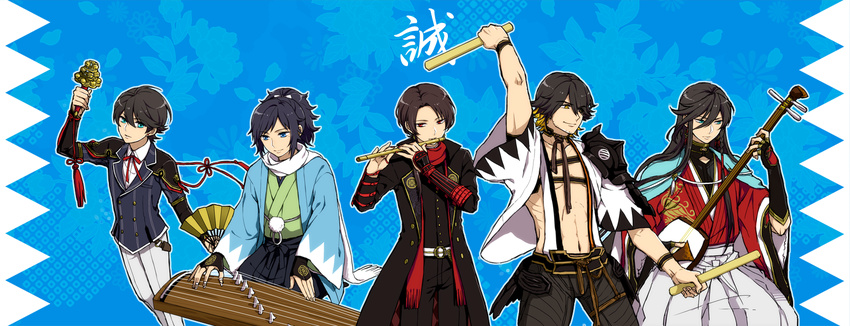 bell black_hair blonde_hair blue_eyes braid brown_hair double-breasted drumsticks facial_hair fan flute folding_fan haori highres horikawa_kunihiro instrument izumi-no-kami_kanesada japanese_clothes kashuu_kiyomitsu koto_(instrument) male_focus mole mole_under_eye multicolored_hair multiple_boys music nagasone_kotetsu nail_polish playing_instrument ponytail red_eyes red_nails ribbon scarf shamisen shinsengumi side_braid stubble suspect_(310mo) taiko_sticks touken_ranbu translated two-tone_hair yamato-no-kami_yasusada yellow_eyes